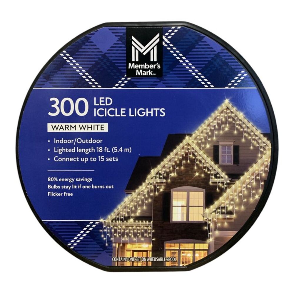 Warm White - Member's Mark LED Icicle Lights, 300 Count, 18' Lighted Length, Fli